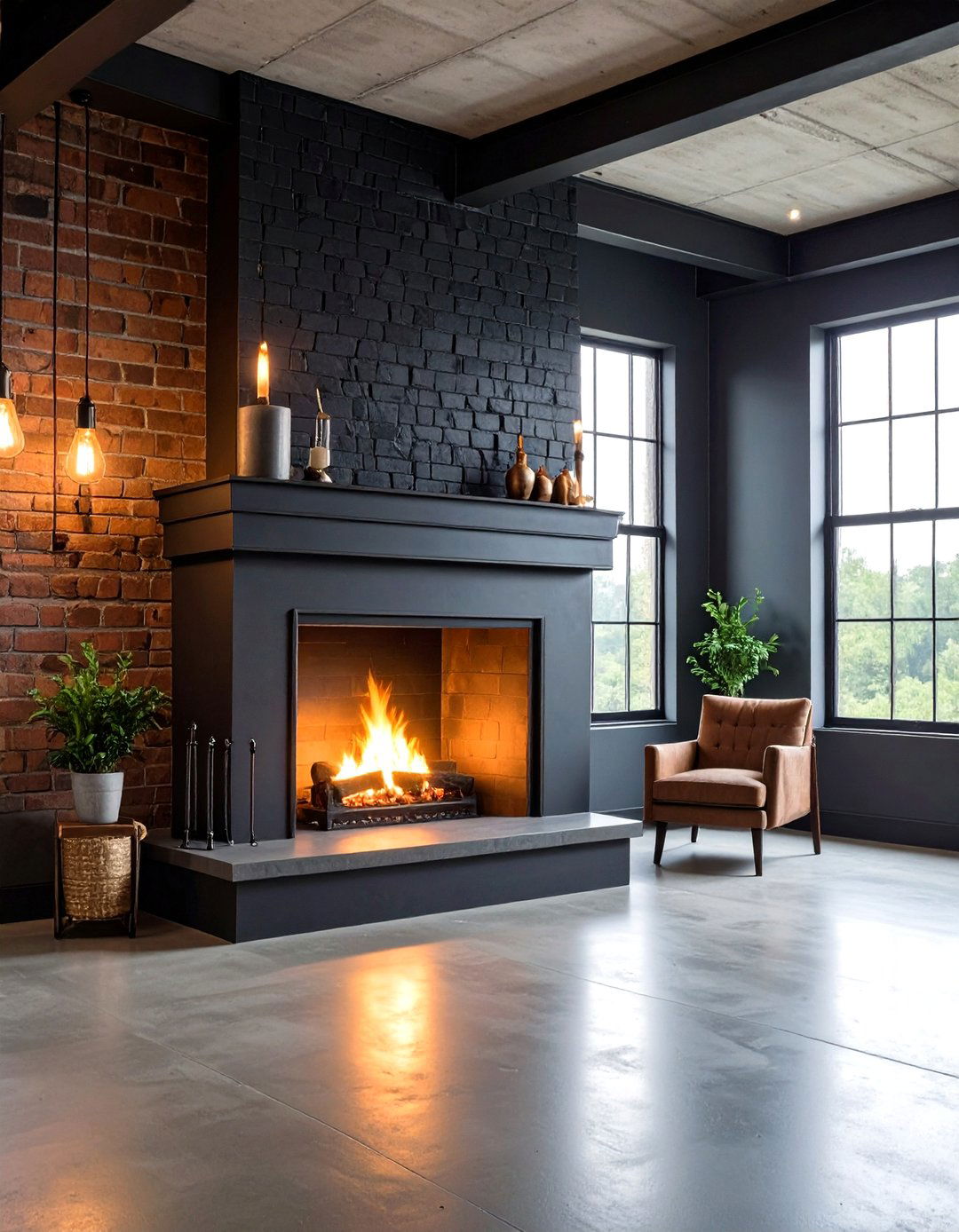 Industrial Black Brick Fireplace with Steel Accents - 24 Black Brick Fireplace Ideas