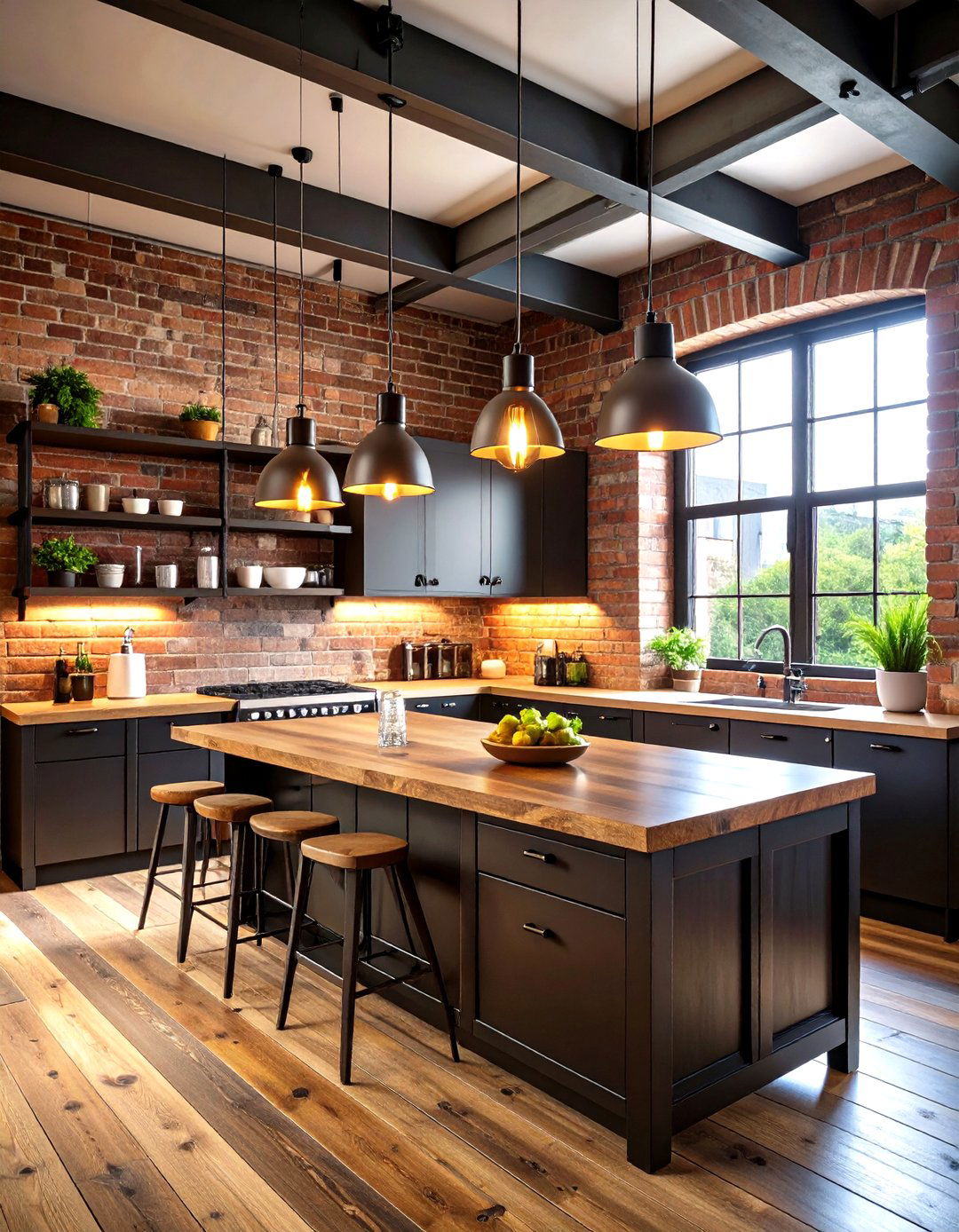 Industrial Black Cabinets with Reclaimed Wood Countertops - 24 Kitchen With Black Cabinets And Wood Countertops Ideas