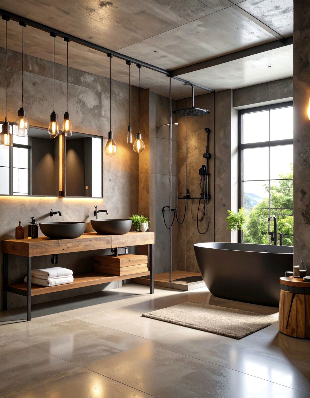 Industrial Black Fixtures with Brown Concrete - 24 brown and black bathroom ideas