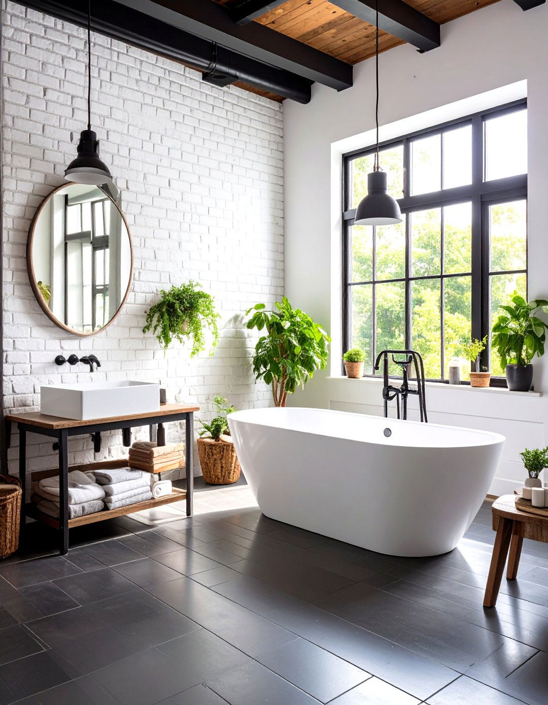 Industrial Black Metal Look Floor with White Exposed Brick Walls - 24 Black Floor Bathroom With White Walls Ideas