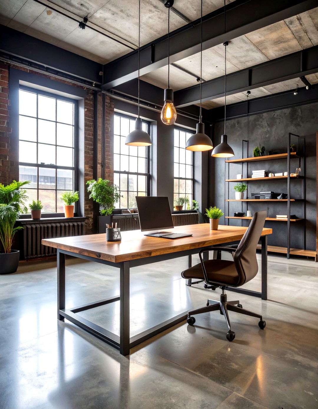 Industrial Black Office with Concrete Elements - 24 dark home office design ideas