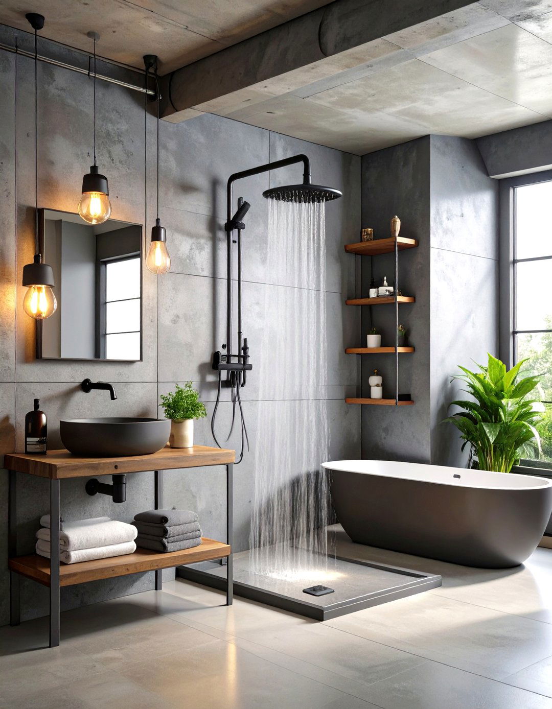 Industrial Black Pipe and Concrete Shower Design - 24 Bathroom Shower Ideas
