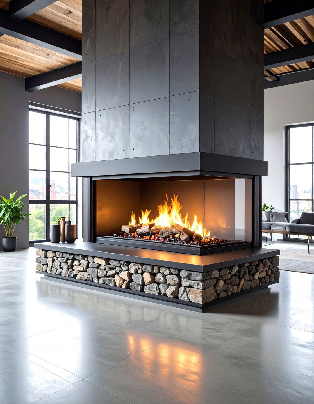 Industrial Black Steel and Stone Hybrid Fireplace - 24 Black Stone Fireplace Ideas