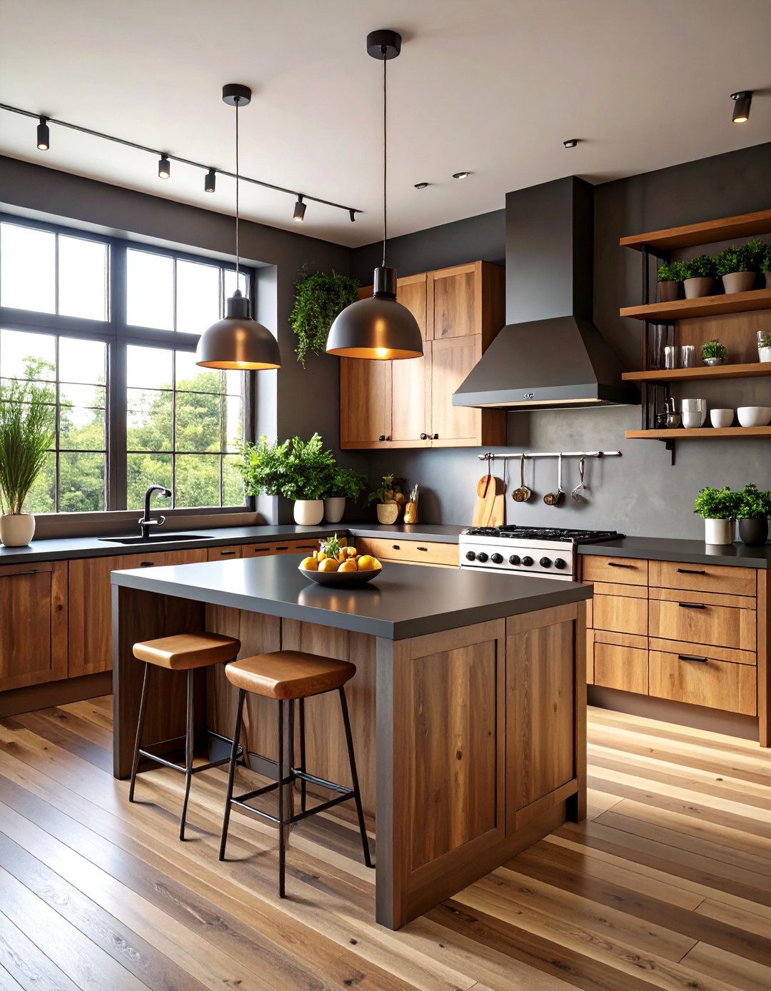 Industrial Brown Kitchen Cabinets with Black Steel Countertops - 24 Brown Kitchen Cabinets With Black Countertops