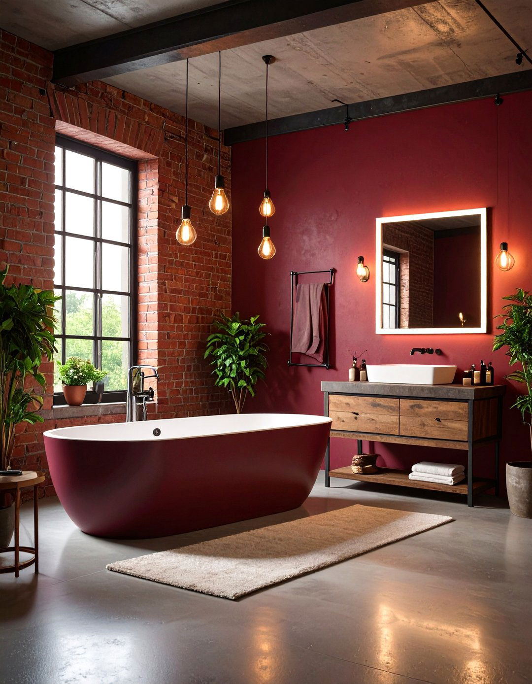 Industrial Burgundy Loft Bathroom - 24 Burgundy Bathroom Ideas