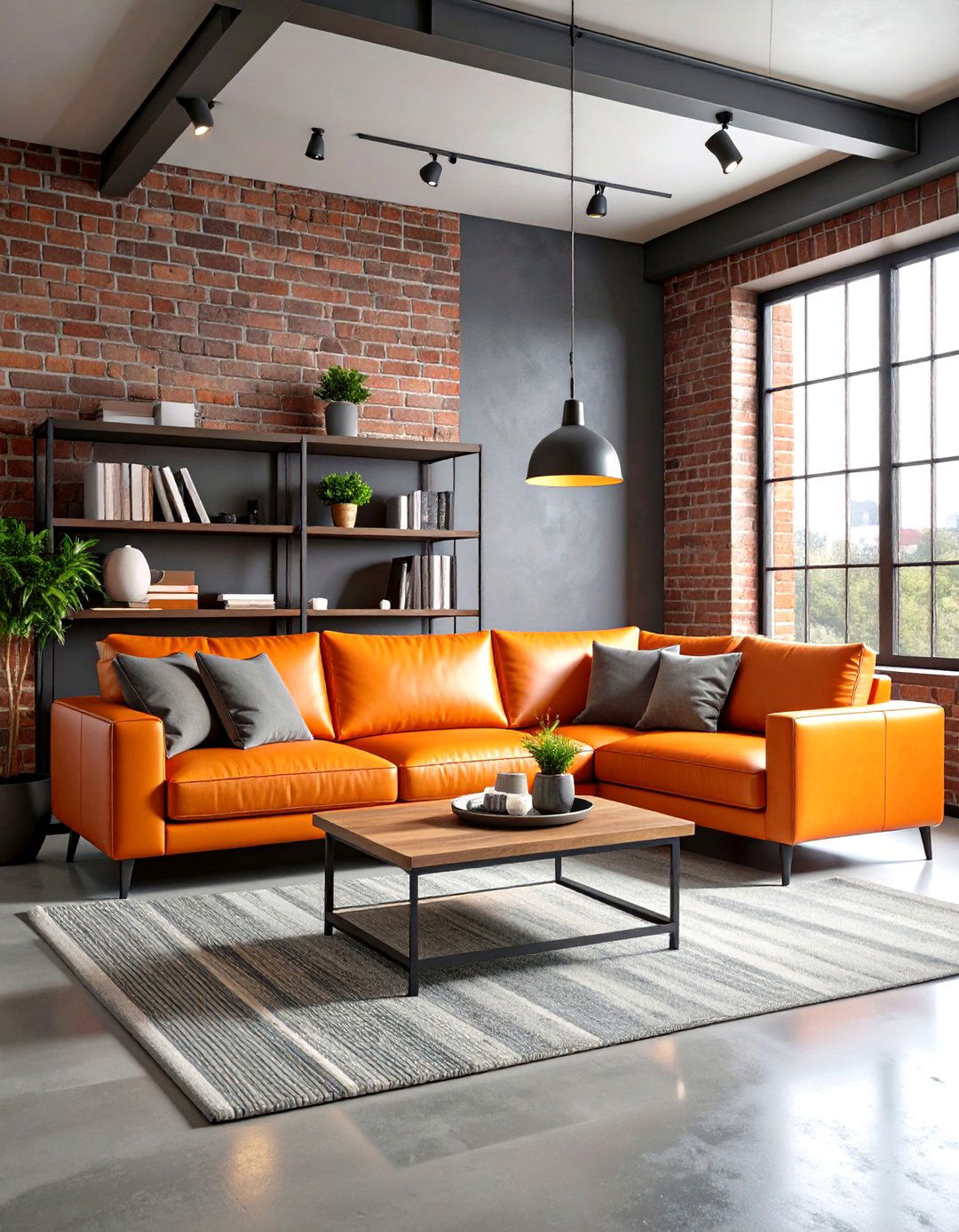 Industrial Charcoal Grey and Tangerine Living Room - 24 Orange and Grey Living Room Ideas