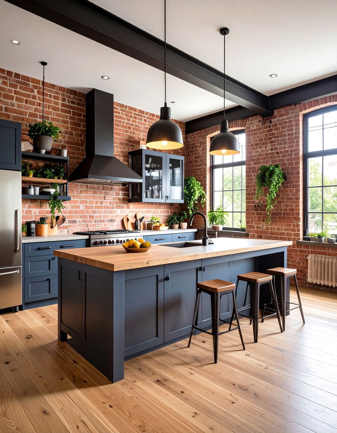Industrial Chic Exposed Brick Kitchen - 24 Small Kitchen with Black Appliances Ideas