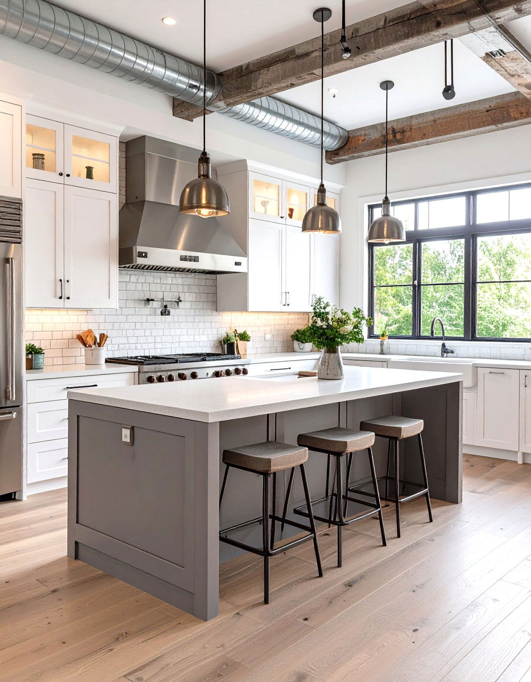 Industrial Chic White Cabinets With Steel Grey Island - 24 White Kitchen Cabinets With Grey Island Ideas