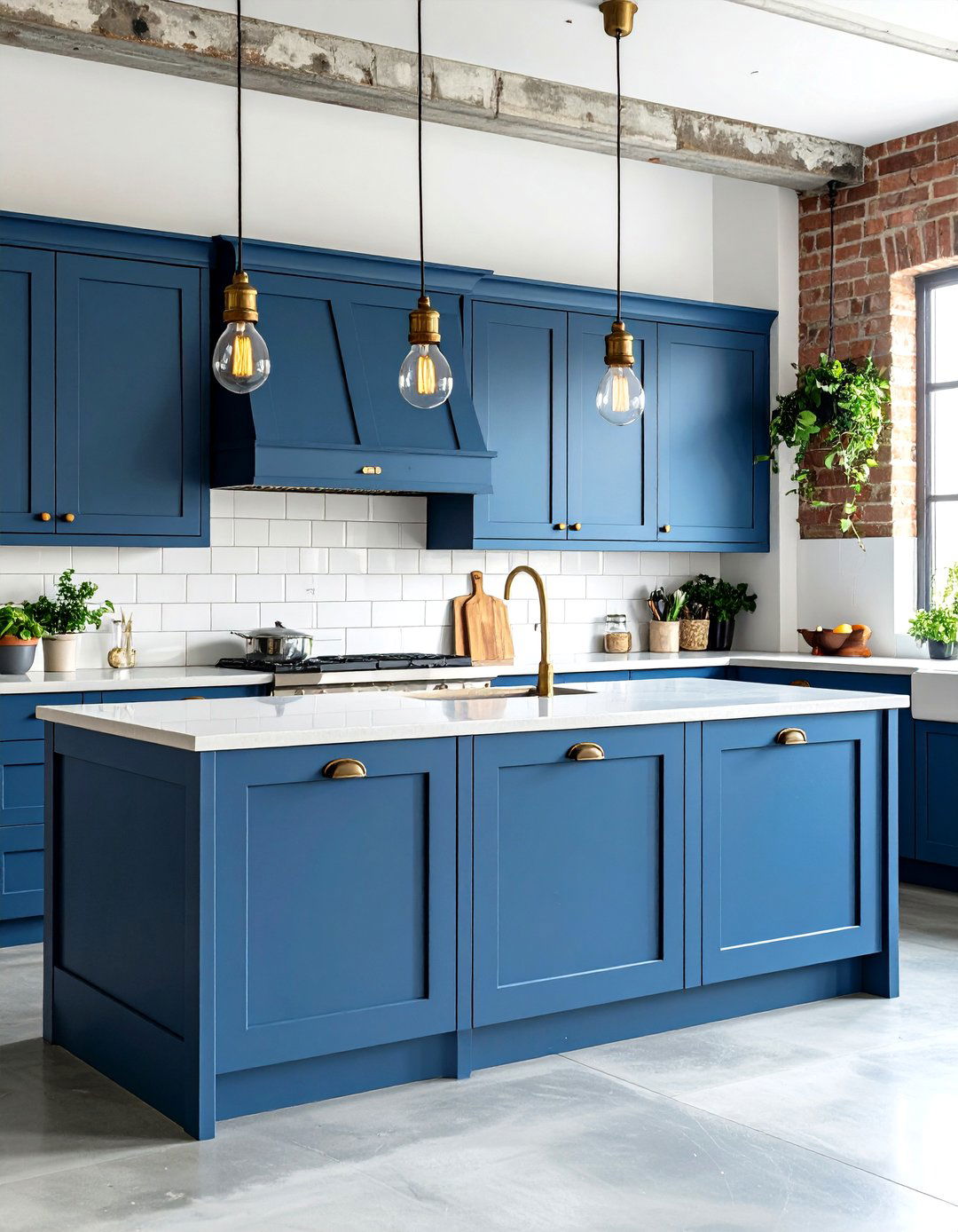 Industrial Chic with Denim Blue Cabinets - 24 blue kitchen cabinets with gold hardware