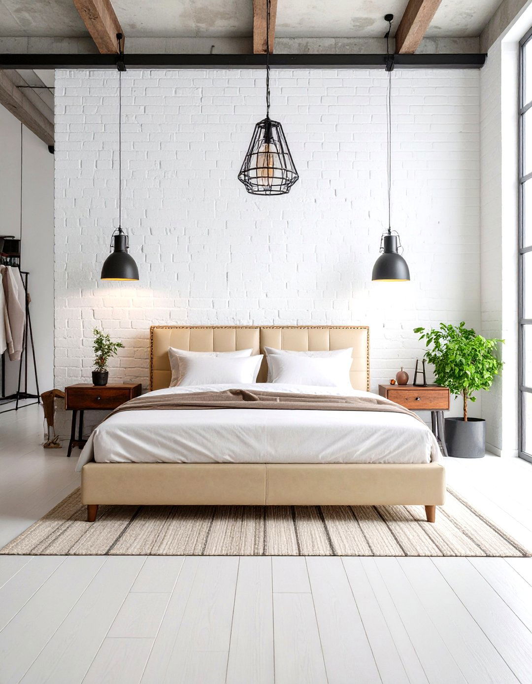 Industrial Chic with White Brick Walls - 24 White and Cream Bedroom Ideas