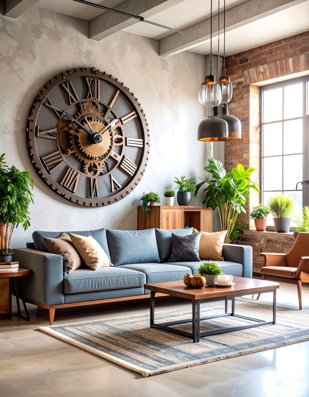 Industrial Clock Wall Features - 24 Industrial Living Room Ideas