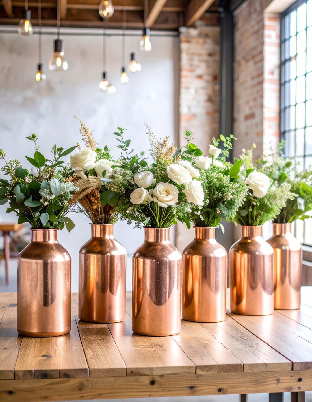 Industrial Copper Accent Design - 24 Bud Vase Wedding Centerpiece Ideas