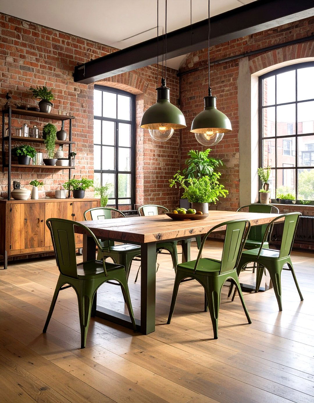 Industrial Dining Room with Olive Green Metal Chairs - 24 Olive Green Room Ideas