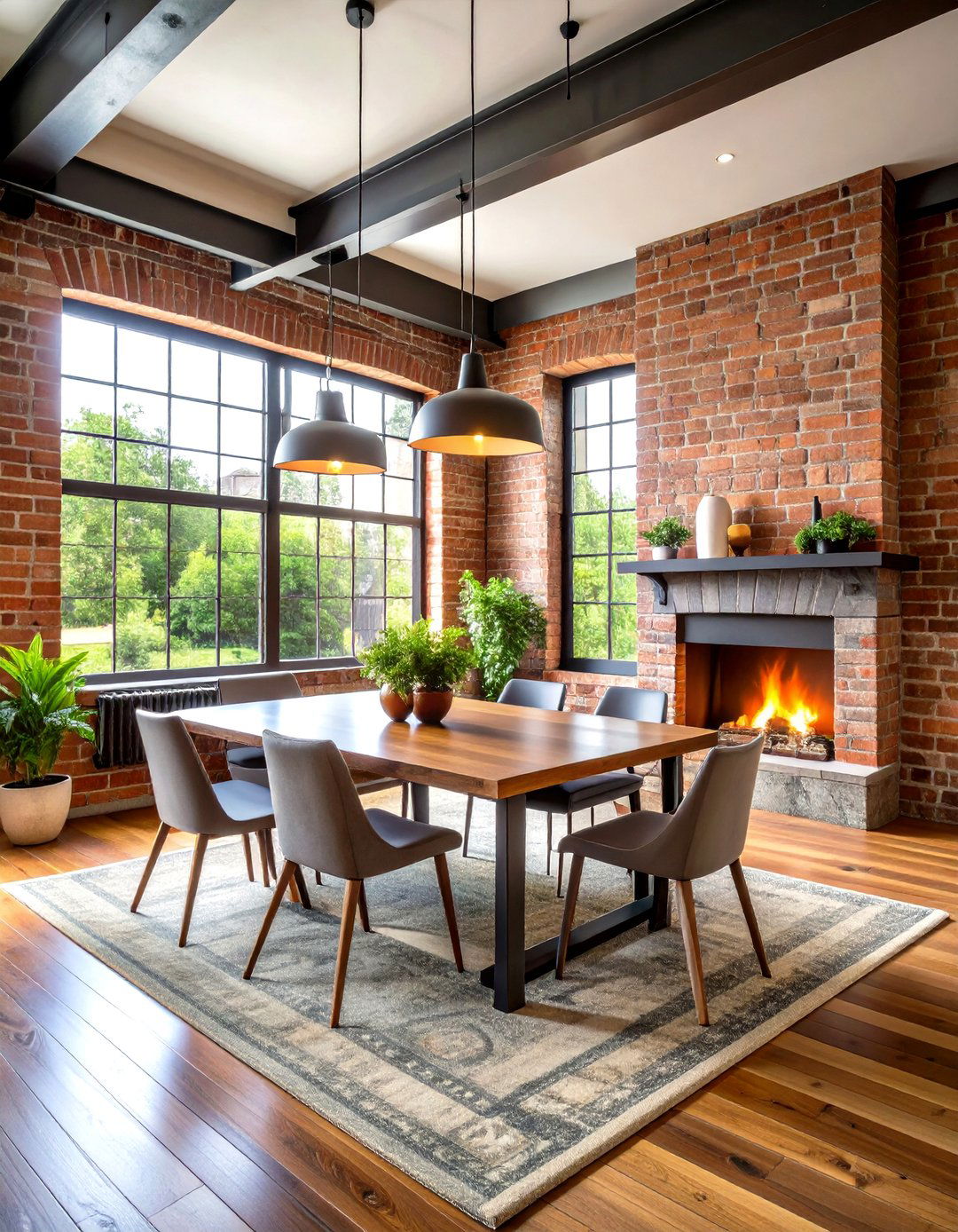 Industrial Exposed Brick Design - 24 Dining Room With Fireplace Ideas