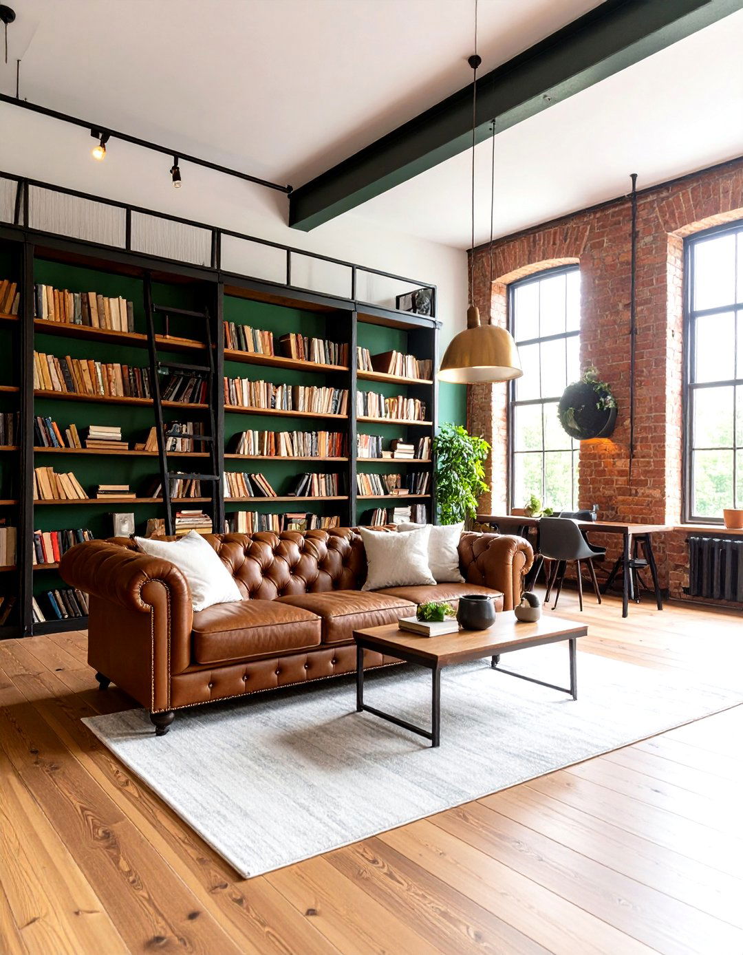Industrial Green Loft Library with Metal Accents - 24 Dark Green Home Library Ideas and Inspiration