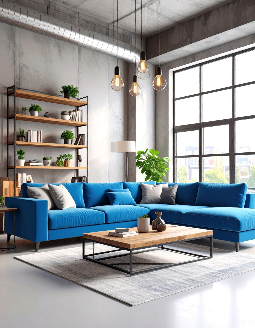 Industrial Grey Concrete with Electric Blue Accents - 24 Blue and Grey Living Room Ideas