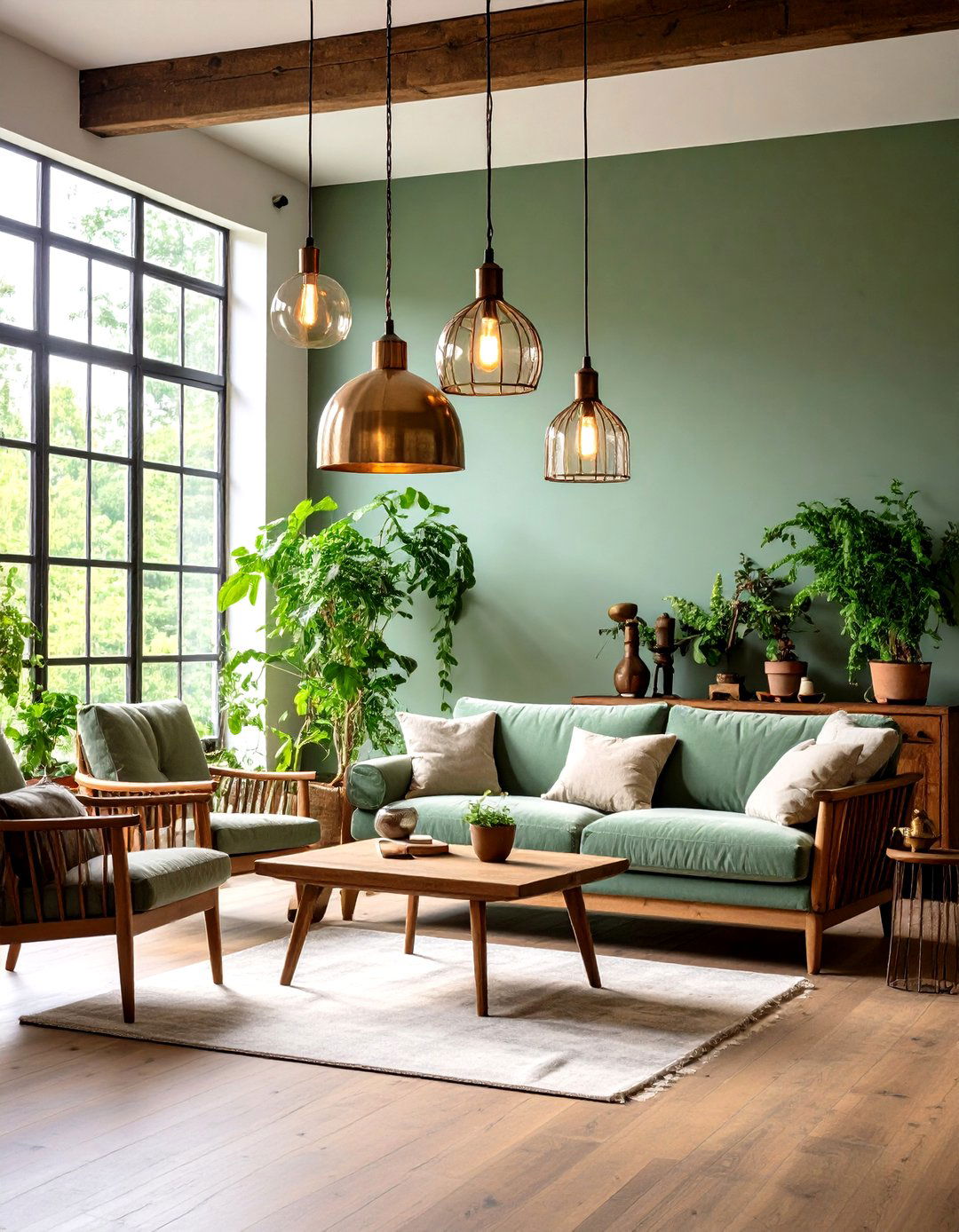 Industrial Lighting Fixtures with Aged Metal Finishes - 24 Rustic Sage Green Living Room Ideas