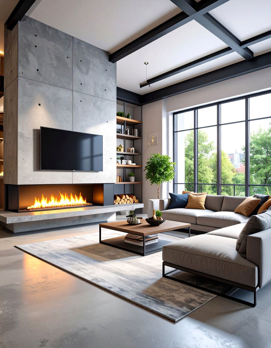 Industrial Linear Fireplace with Exposed Elements - 24 Linear Fireplace Ideas With Tv Above