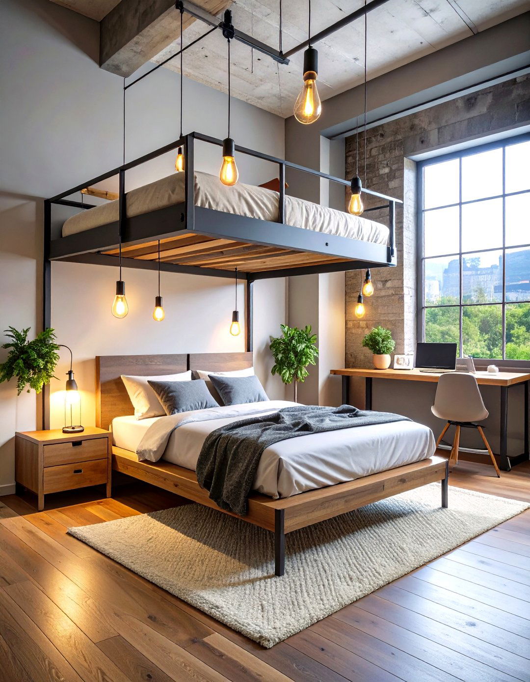 Industrial Loft Bed Nook with Desk - 24 Bed Nook Ideas