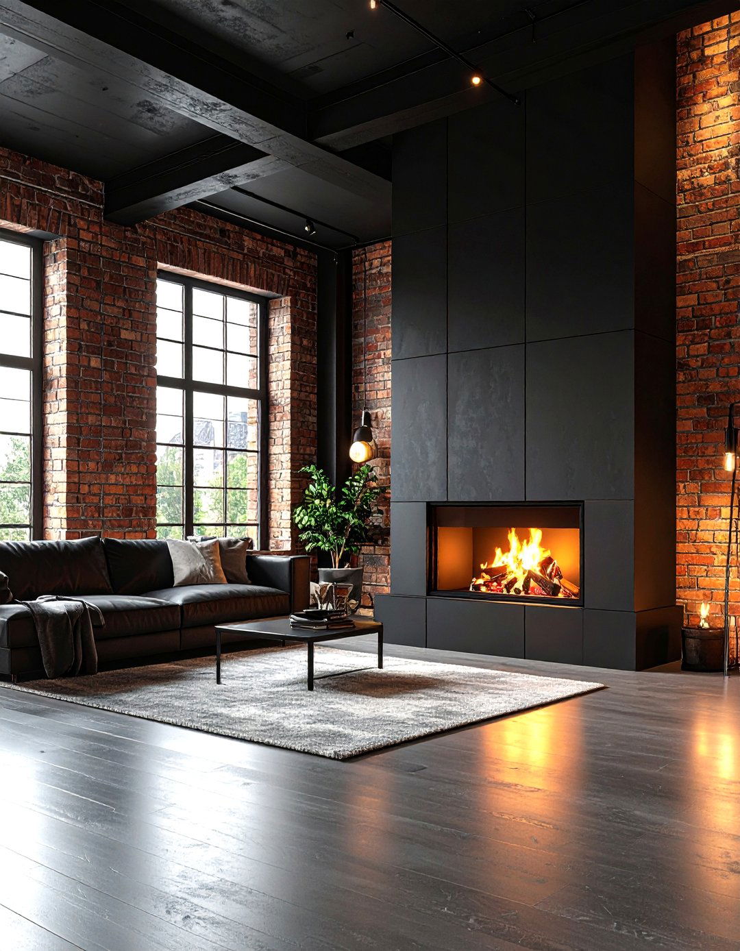 Industrial Loft Black Shiplap with Exposed Brick - 24 Black Shiplap Fireplace Ideas