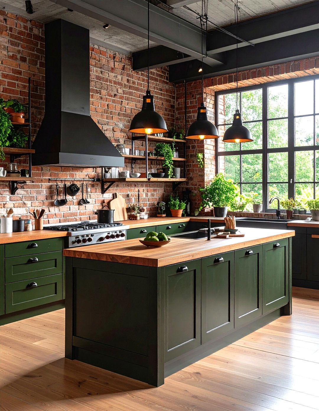 Industrial Loft Kitchen with Olive Green Concrete Countertops - 24 Olive Green Room Ideas