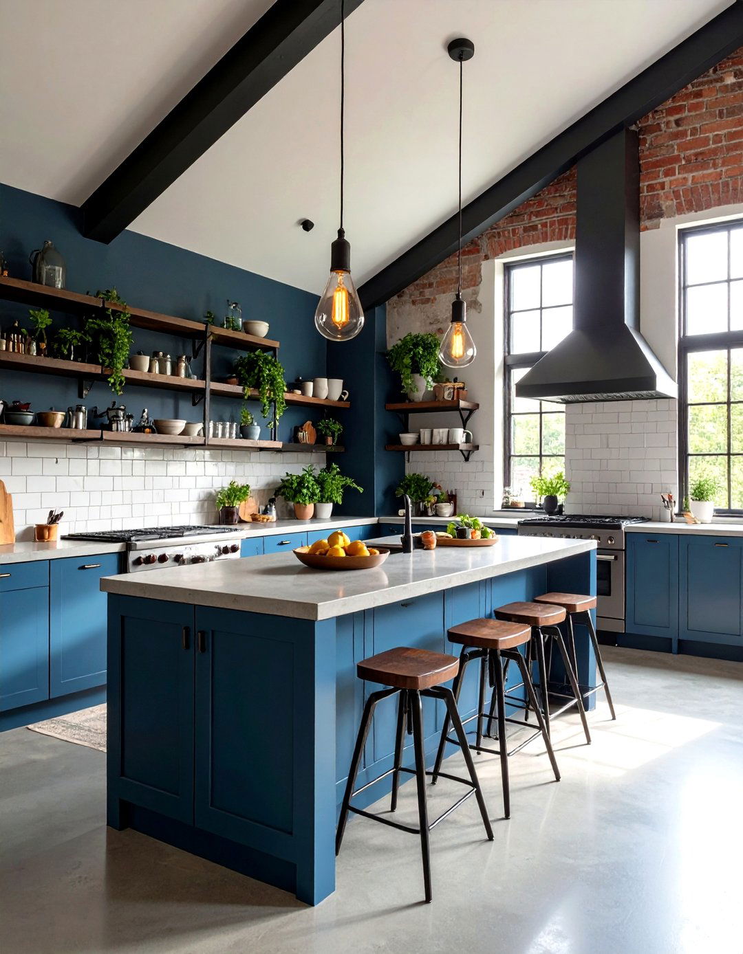 Industrial Loft Kitchen with Painted Black Ceiling - 24 Sloped Ceiling Kitchen Ideas