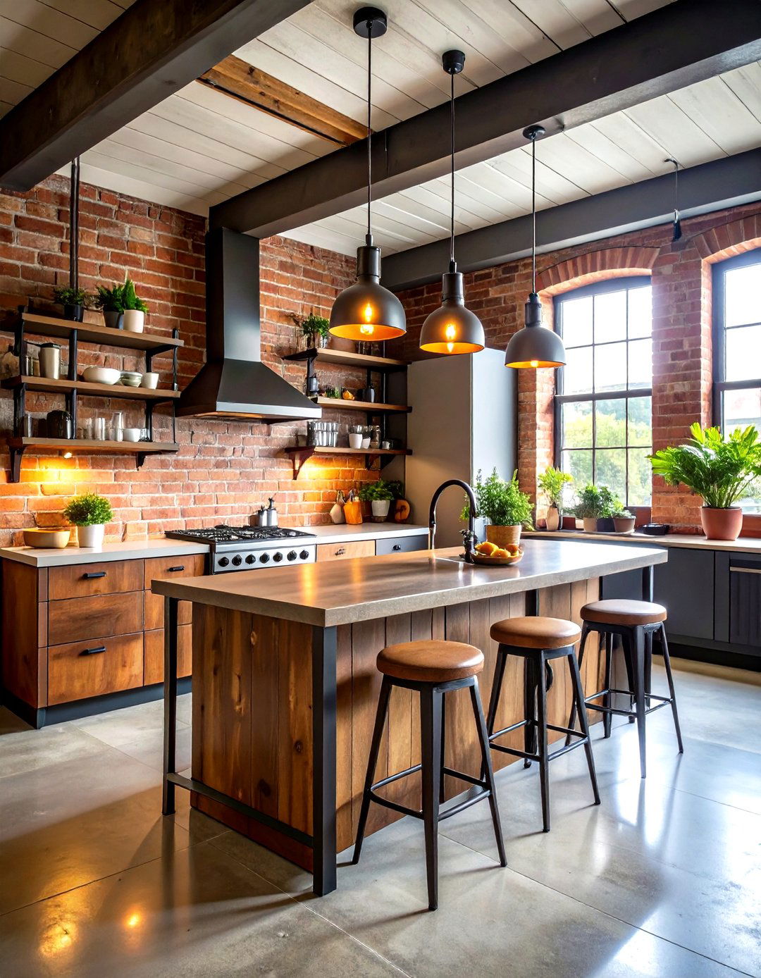 Industrial Loft Kitchenette with Exposed Brick and Steel - 24 Kitchenette Ideas