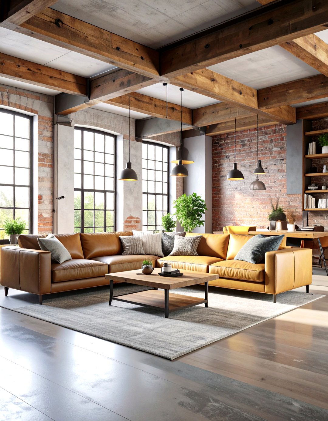 Industrial Loft Living Room with Steel and Wood Beam Combination - 24 Exposed Beam Living Room Ideas