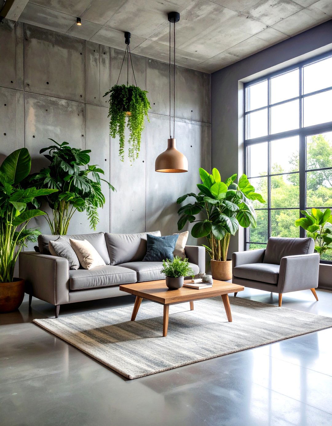Industrial Loft with Green Plants and Grey Metals - 24 Green and Grey Living Room Ideas