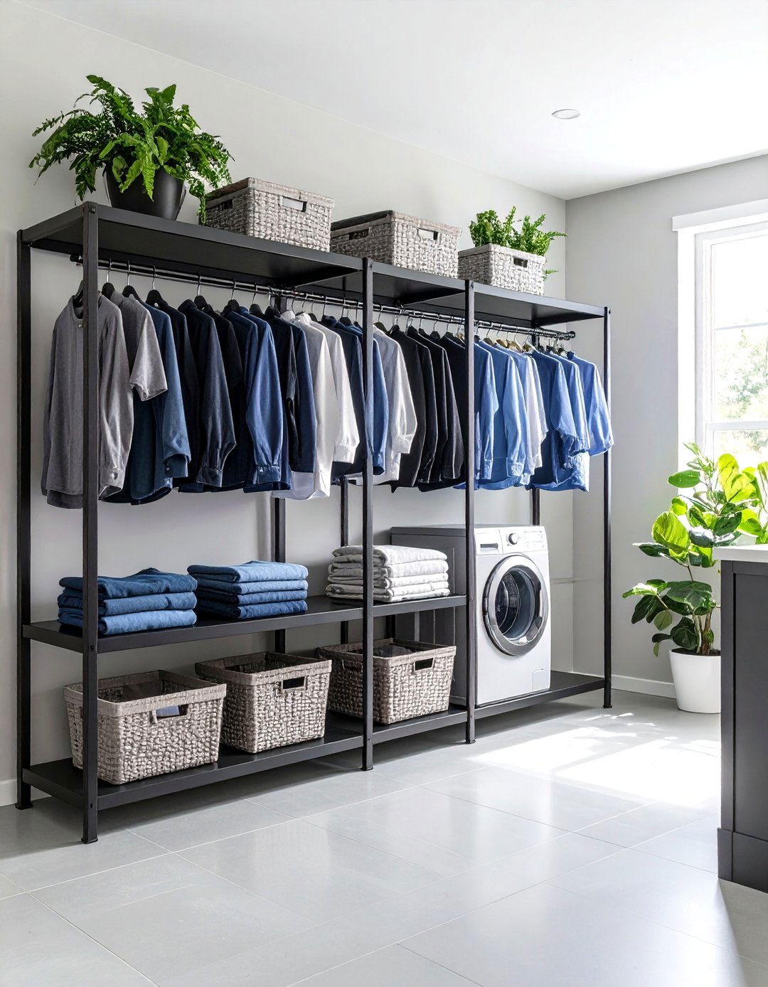Industrial Metal Shelving with Rod Attachments - 24 Laundry Room Shelving Ideas