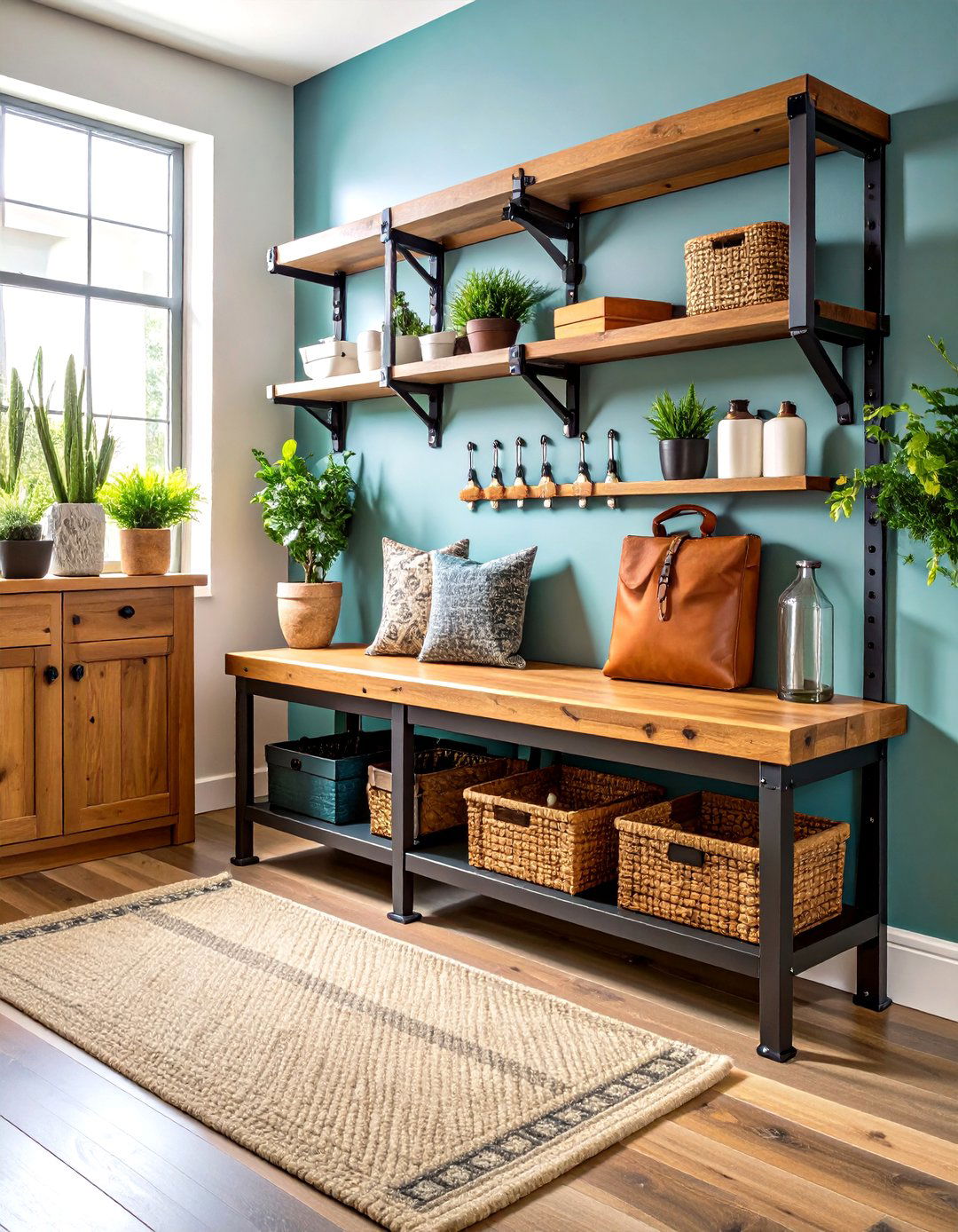 Industrial Metal and Wood Bench - 24 Mudroom Bench Ideas