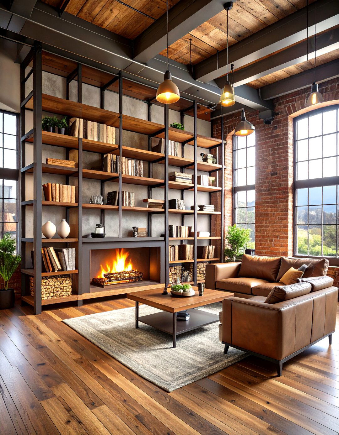 Industrial Metal and Wood Combination - 24 Fireplace With Bookshelves