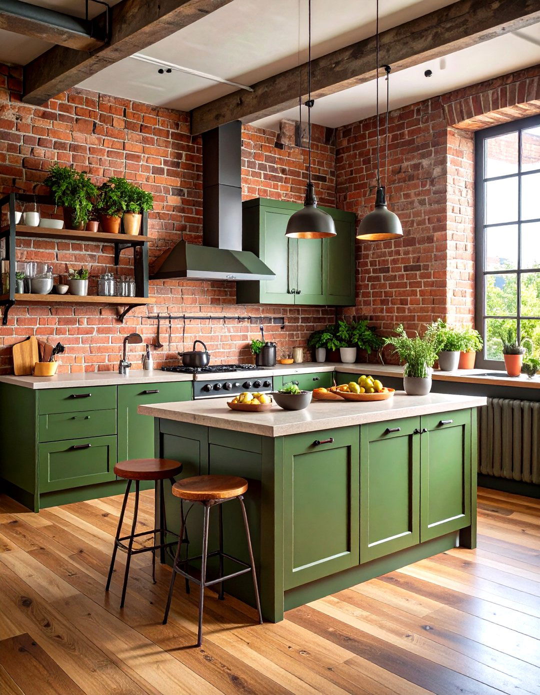 Industrial Olive Green Kitchen with Exposed Elements - 24 Olive Green Kitchens