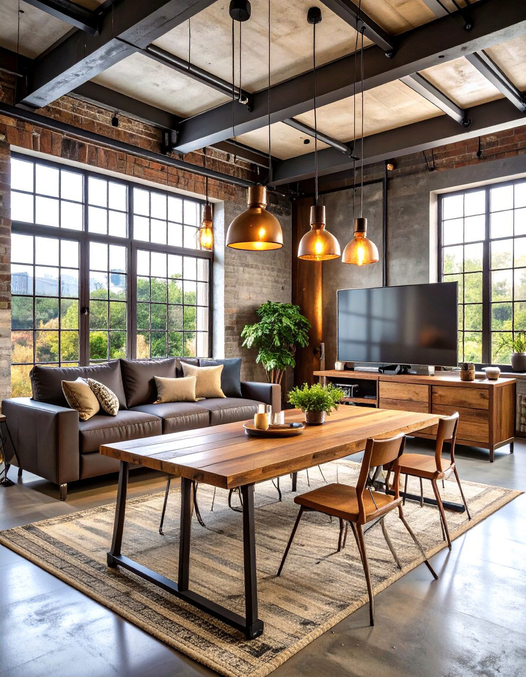 Industrial Pipe TV Stand with Rustic Dining Set - 24 Small Living Room Ideas With Tv and Dining Table