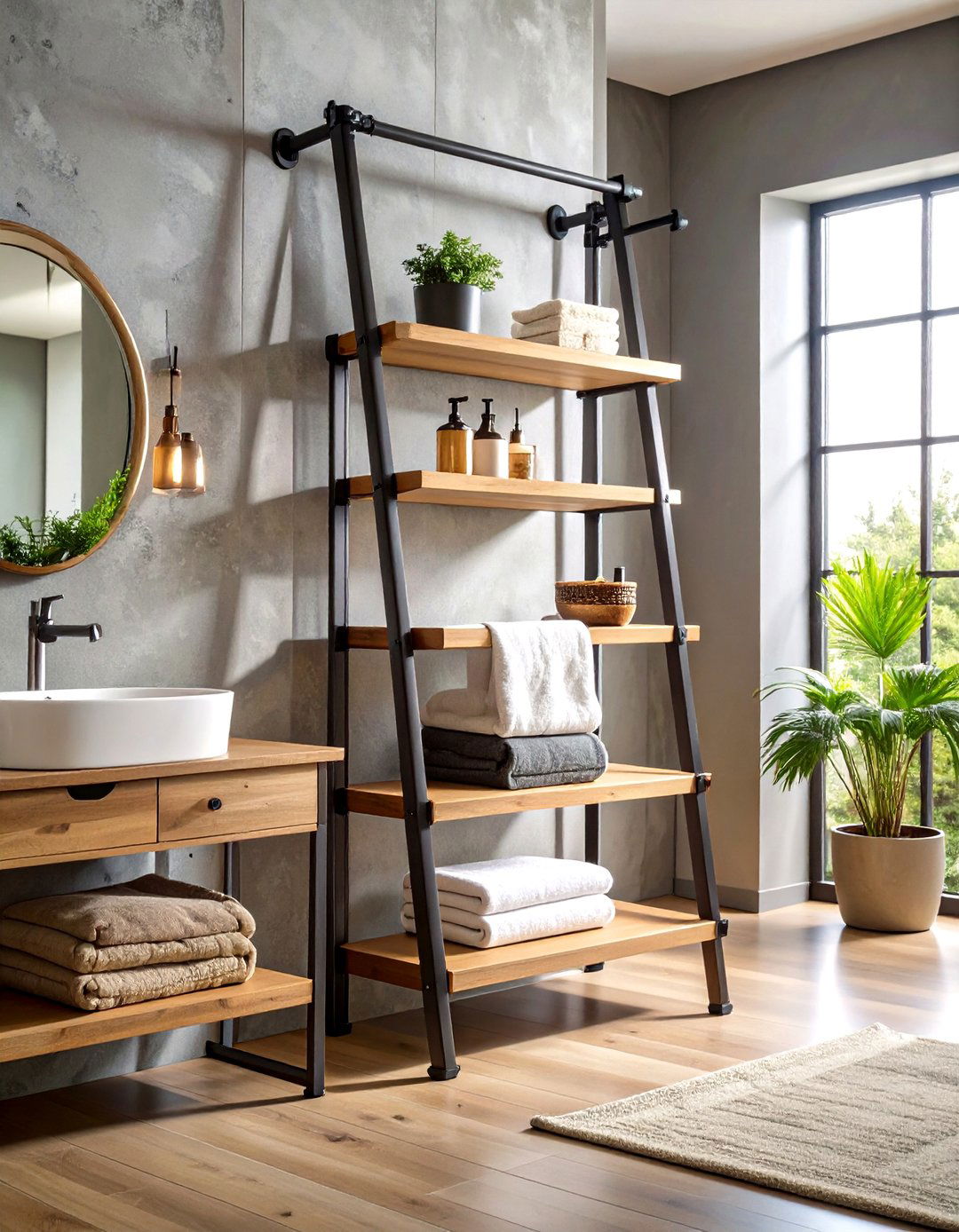 Industrial Pipe Towel Ladder with Floating Shelves - 24 Bathroom Wall Storage Ideas