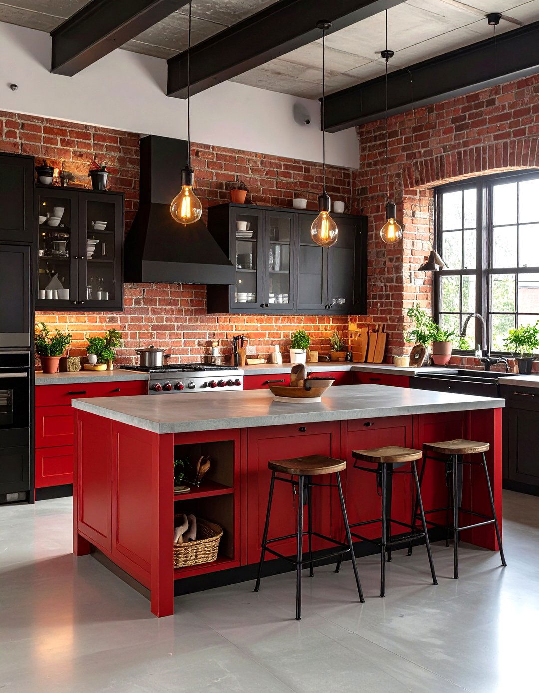 Industrial Red Brick With Black Steel Elements - 24 red and black kitchen ideas