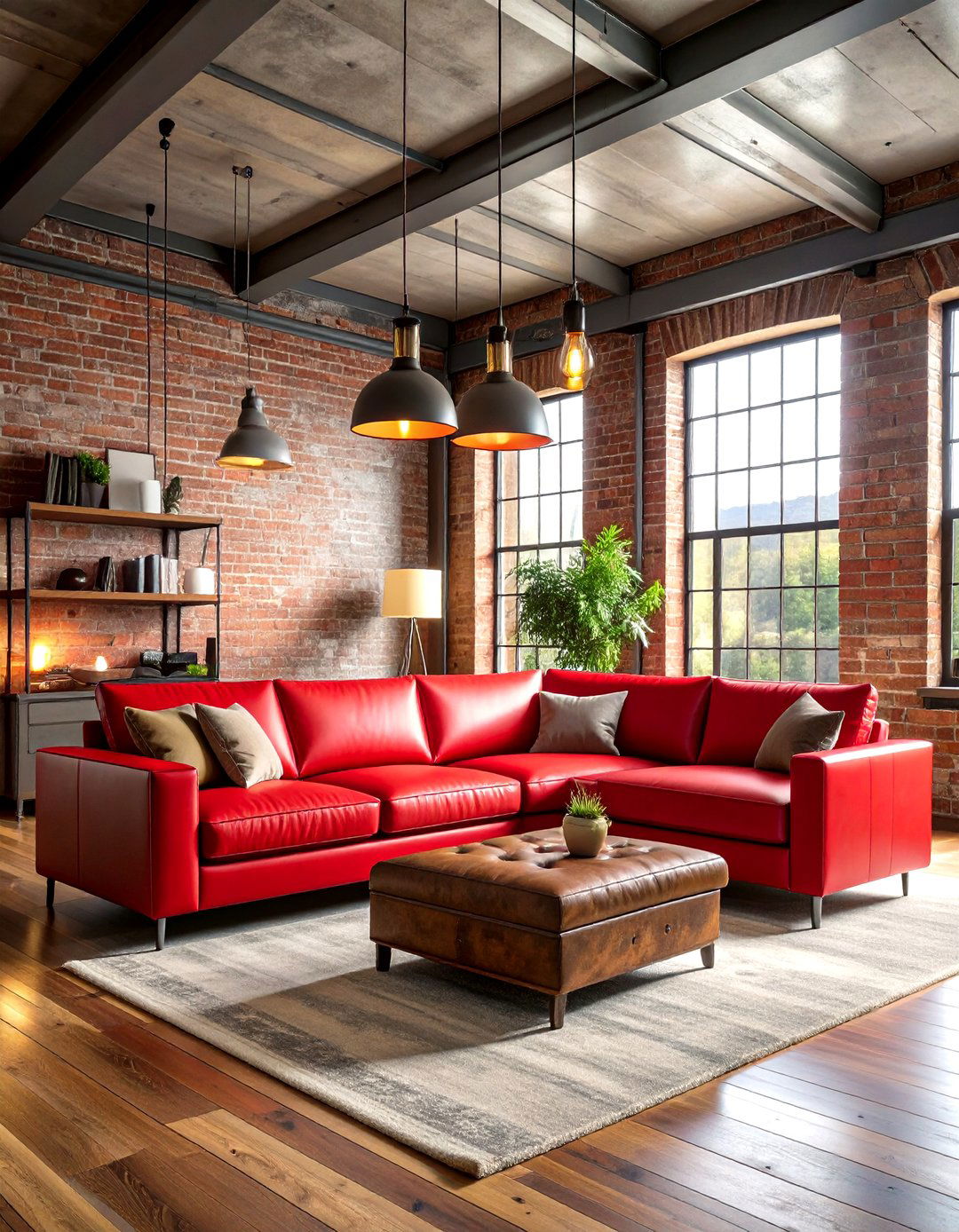 Industrial Red Couch Loft Design - 24 Red Couch Living Room Ideas