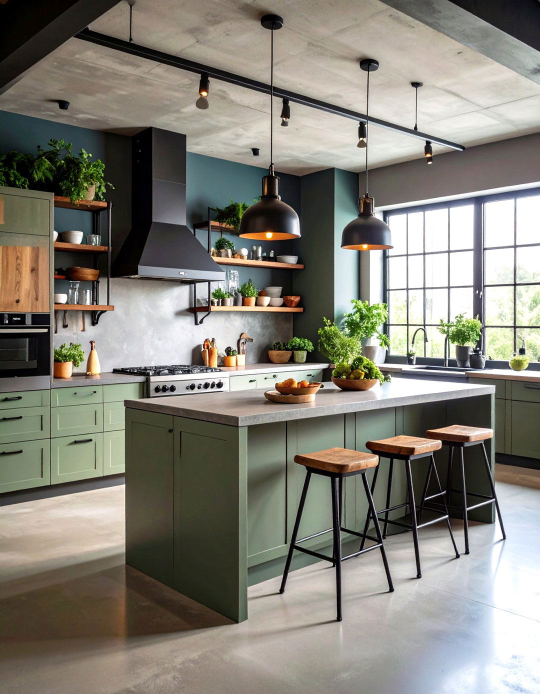 Industrial Sage Green Island with Concrete Countertops and Black Accents - 24 Sage Green Kitchen Island Ideas