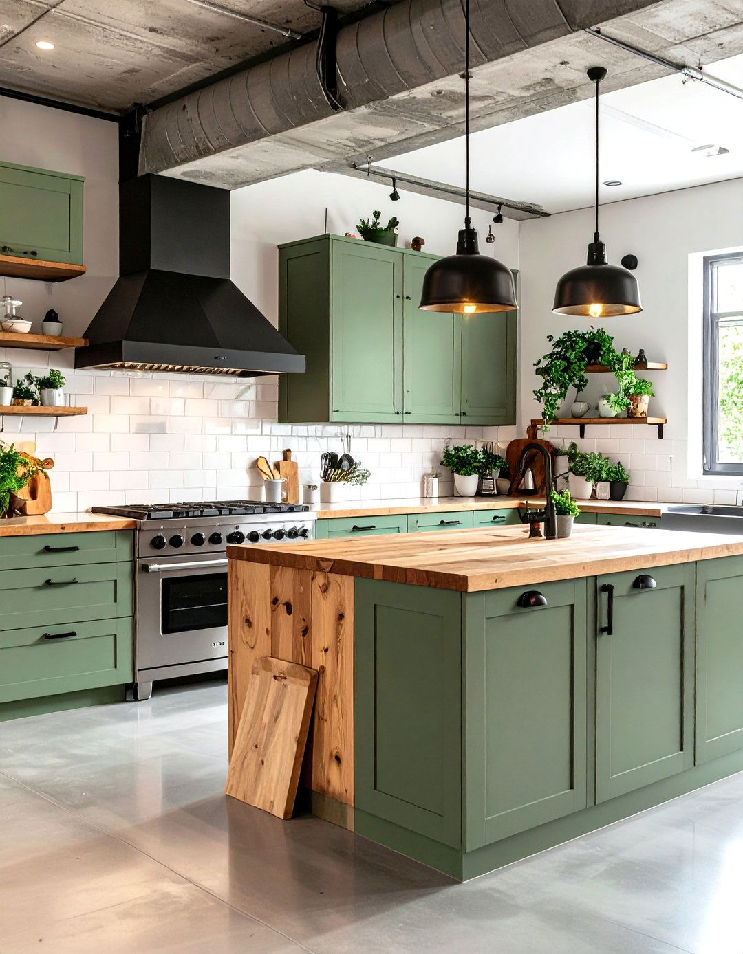 Industrial Sage Green Kitchen with Metal Accents - 24 Sage Green Kitchen Cabinets With Butcher Block Countertops