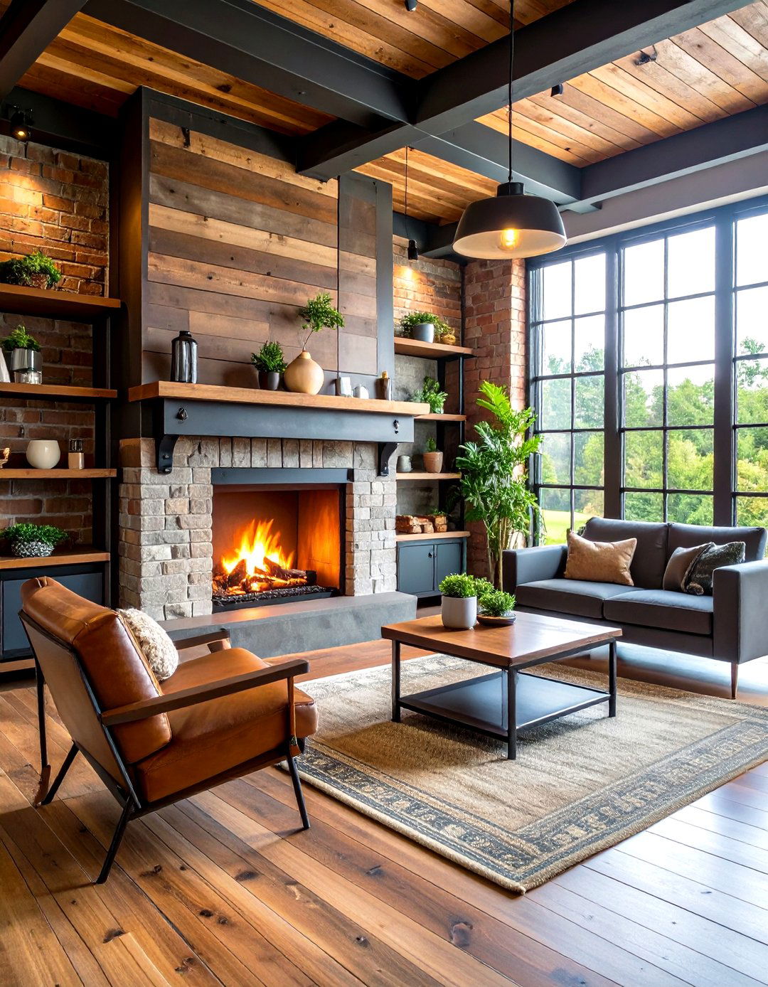 Industrial Shiplap Fireplace with Metal Accents - 24 Shiplap Fireplace Ideas