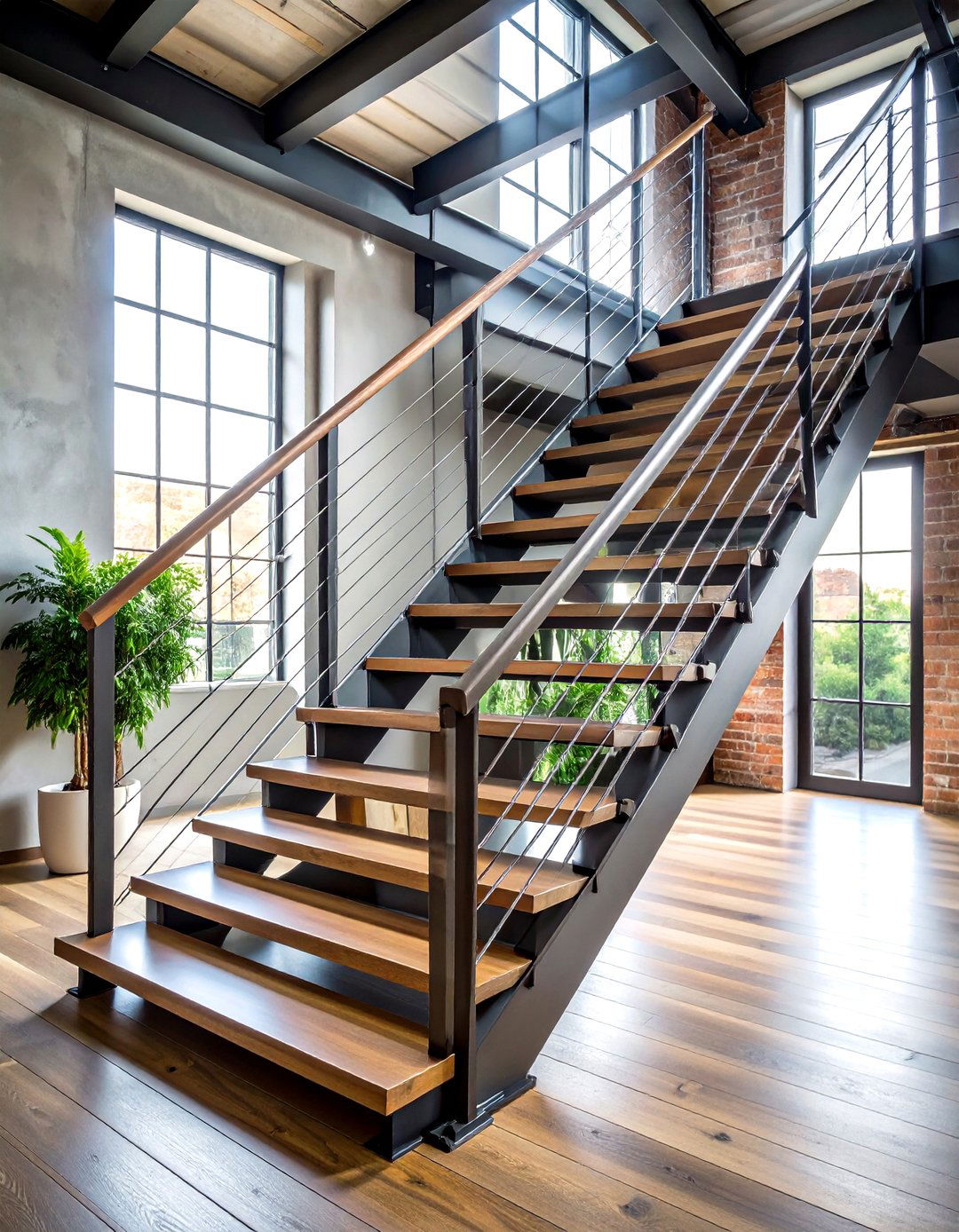 Industrial Steel Open Riser with Cable Railings - 24 Open Staircase Ideas