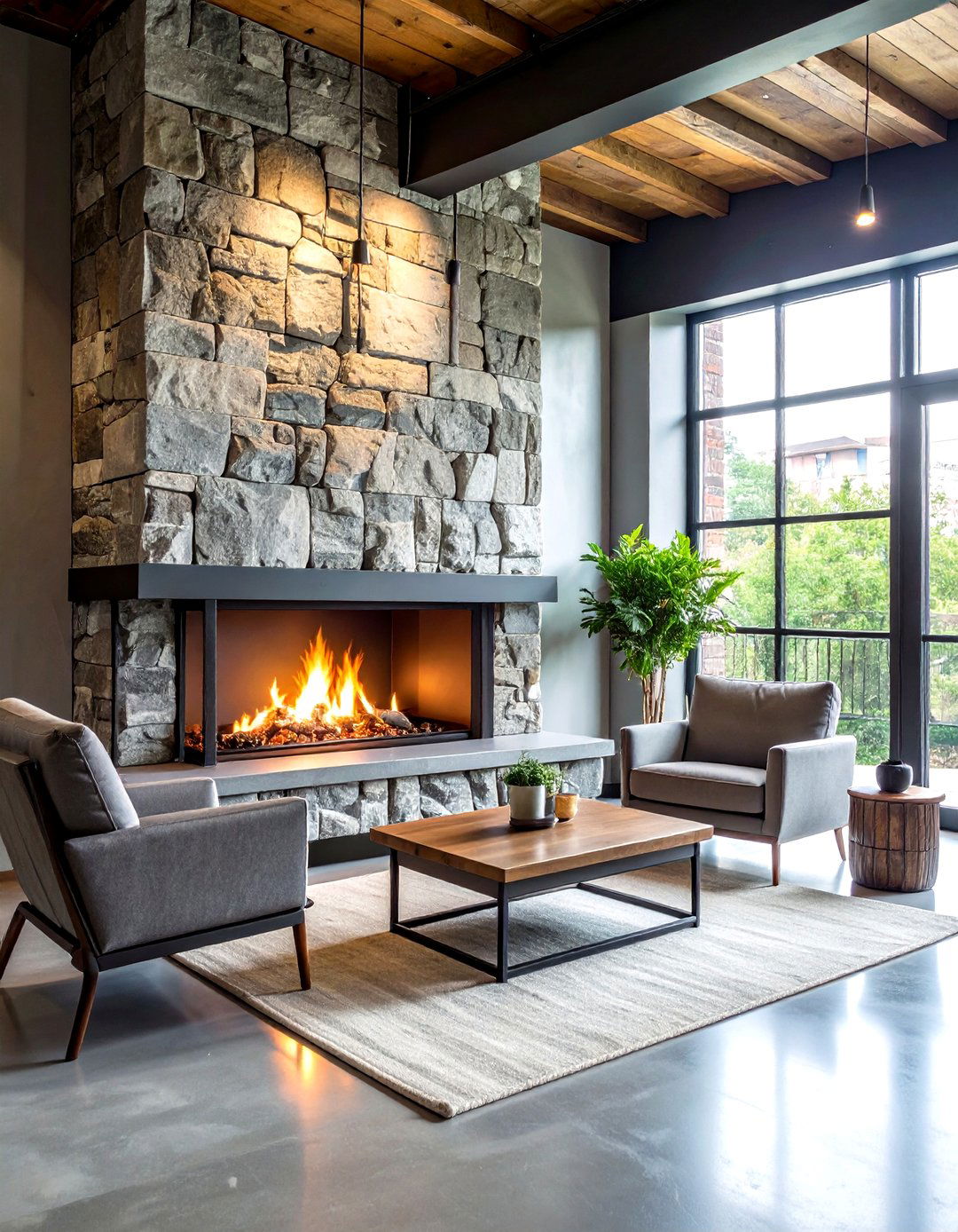 Industrial Stone and Steel Fireplace Design - 24 Stone Fireplace Ideas