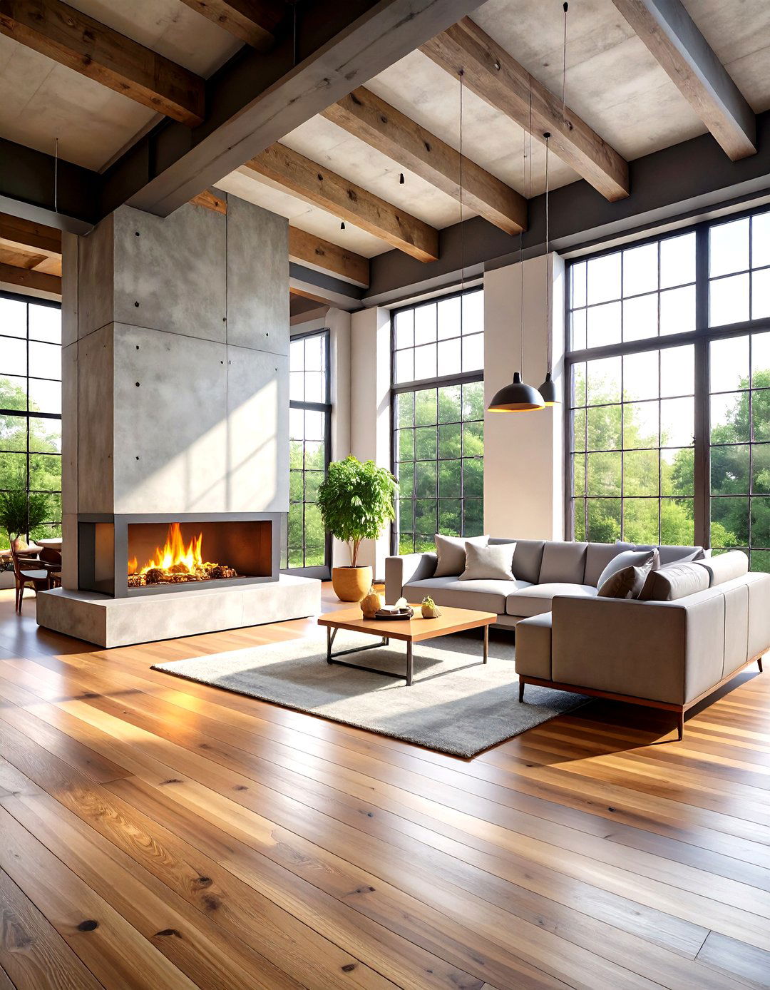 Industrial Style Concrete Fireplace With Vaulted Space - 24 Rooms With Fireplaces With Vaulted Ceilings Features