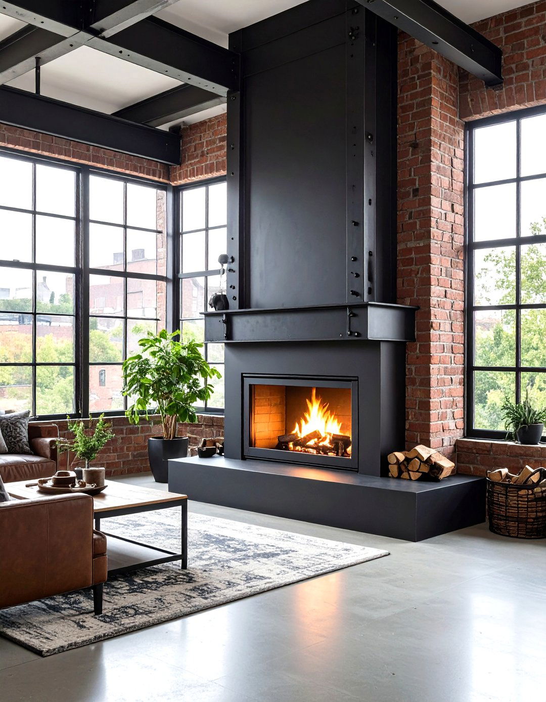 Industrial Style Fireplace with Exposed Steel and Brick - 24 Modern Fireplace Ideas