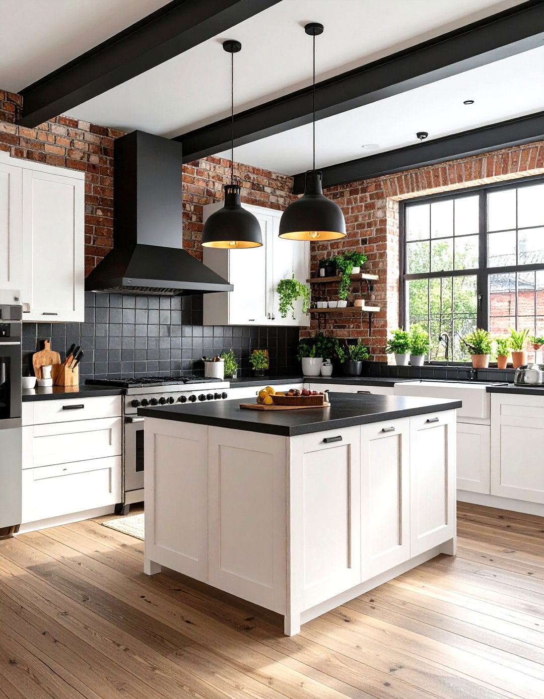 Industrial Style Kitchen with Exposed Elements - 24 white kitchen with black countertops ideas
