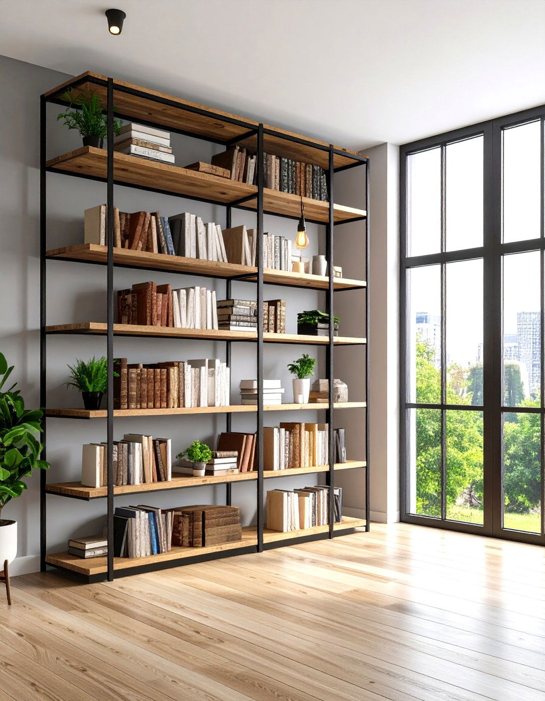 Industrial Style Metal and Wood Bookcase - 24 Bookcases Around Window Design Ideas