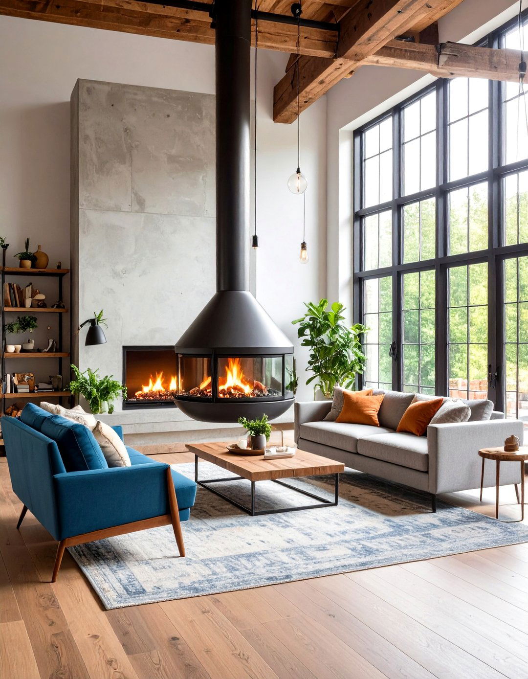 Industrial Suspended Fireplace Centerpiece - 24 Off-center Fireplace Ideas
