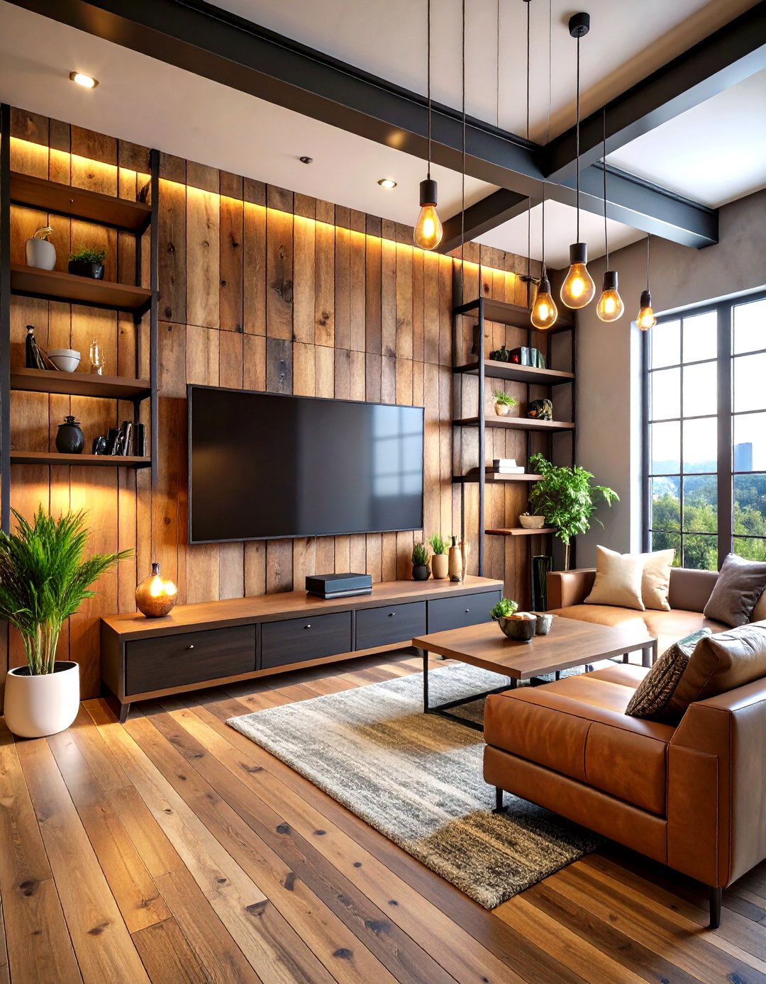 Industrial TV Wall with Metal and Wood Combinations - 24 Tv Wall Ideas