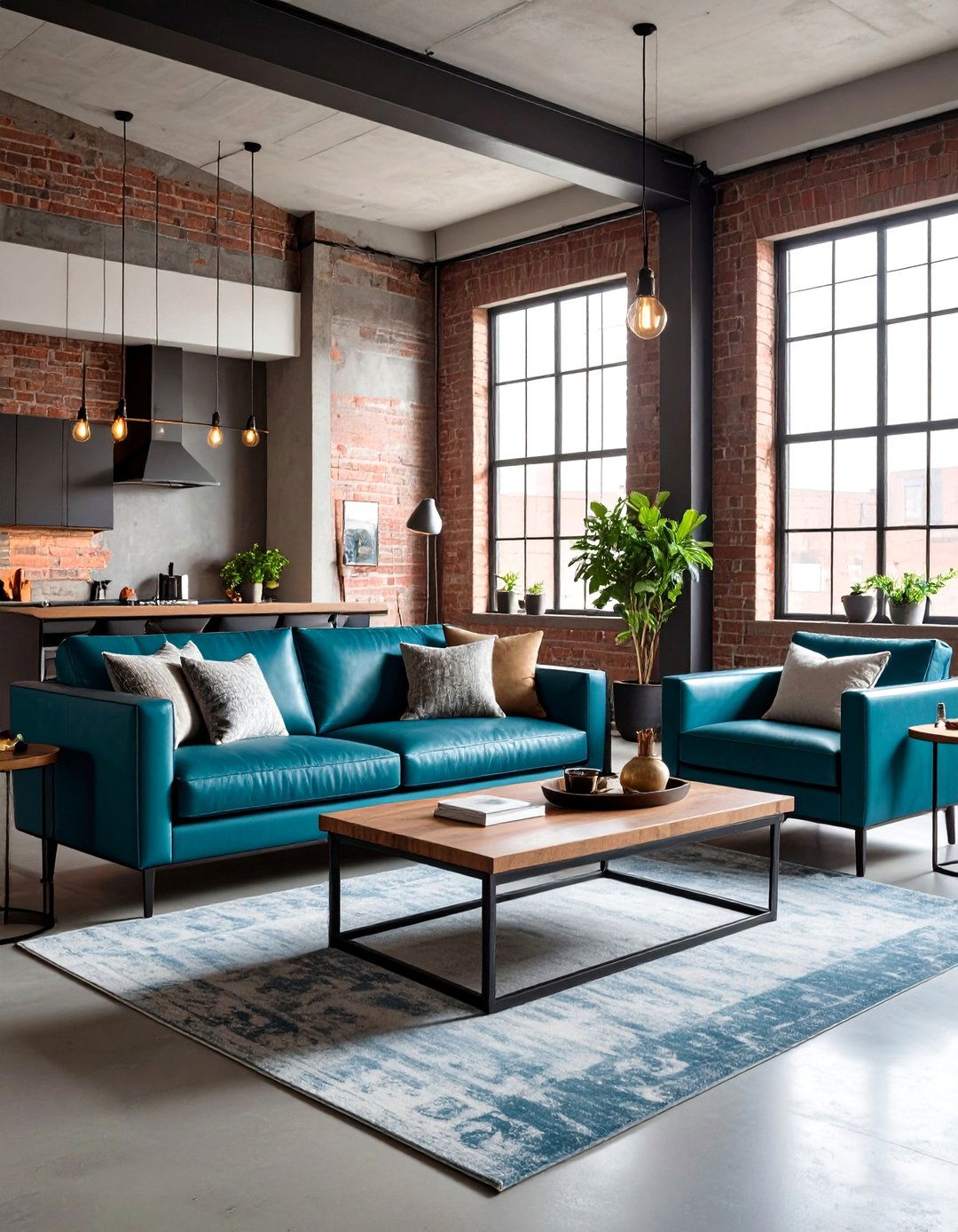 Industrial Teal Armchair with Exposed Grey Brick - 24 Teal and Grey Living Room Ideas