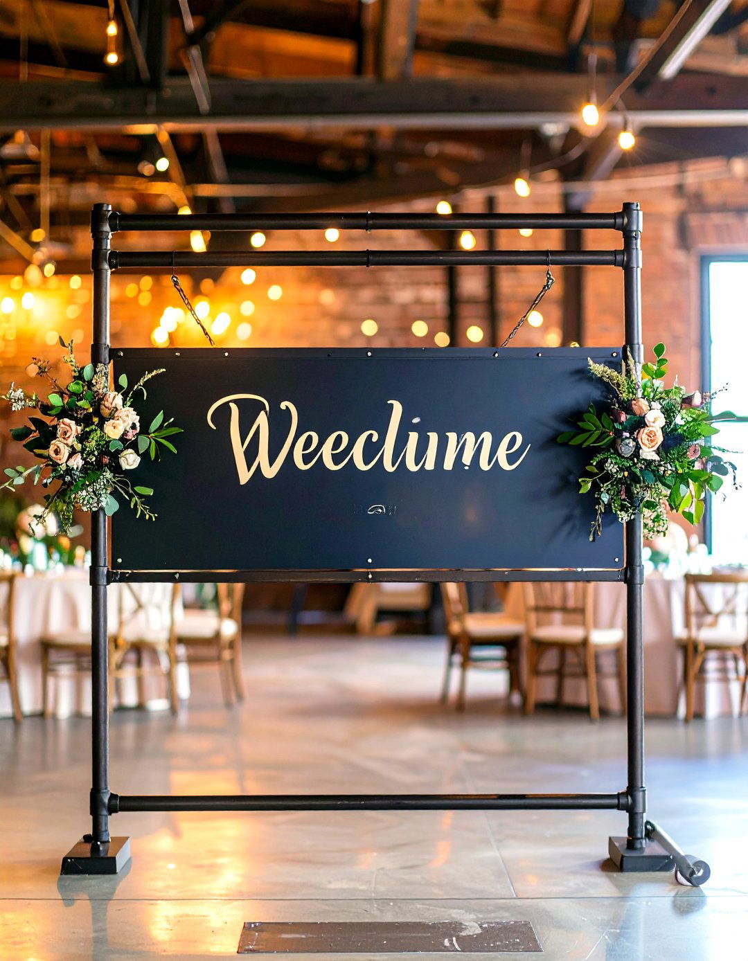 Industrial Wedding Welcome Sign with Metal Pipe Framework - 24 Wedding Welcome Sign Ideas